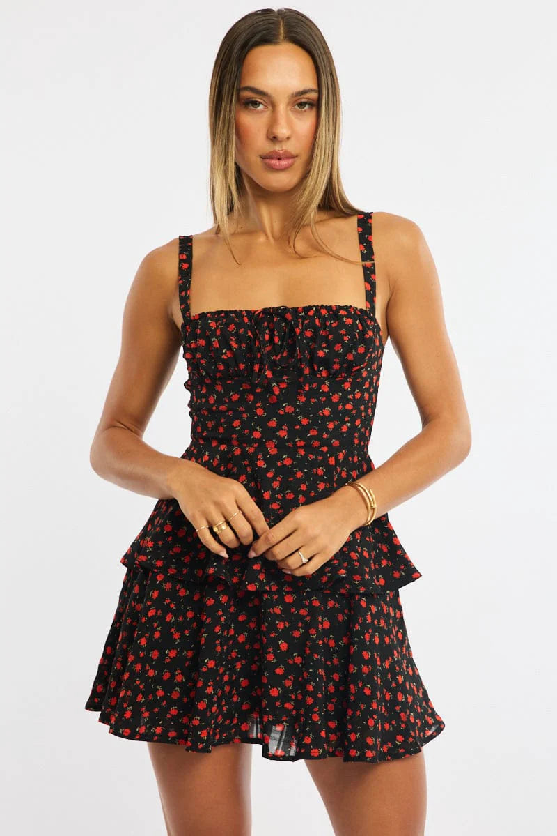 Black Ditsy Fit And Flare Dress Square Neck Mini