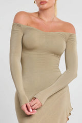 Long Sleeve Off-The-Shoulder Modal Cashmere Blend Maxi Dress in Taupe