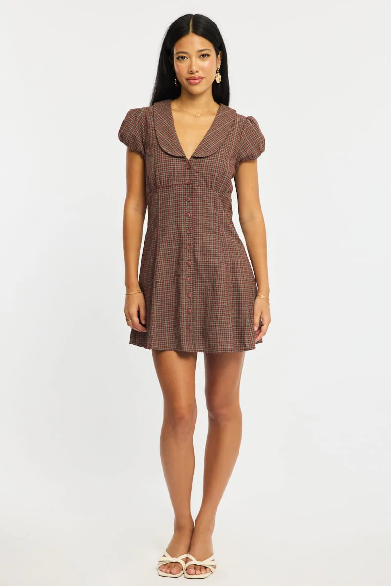 Red Check Shirts Dress Collared Mini