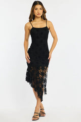 Black Midi Dress Asymmetric Hem Lace