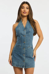 Blue Mini Dress Button Down Halter Neck