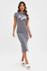 Grey Midi Dress Short Sleeve Crew Neck Bodycon Eagle