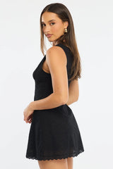 Black Mini Dress V-neck Eyelet Fabric
