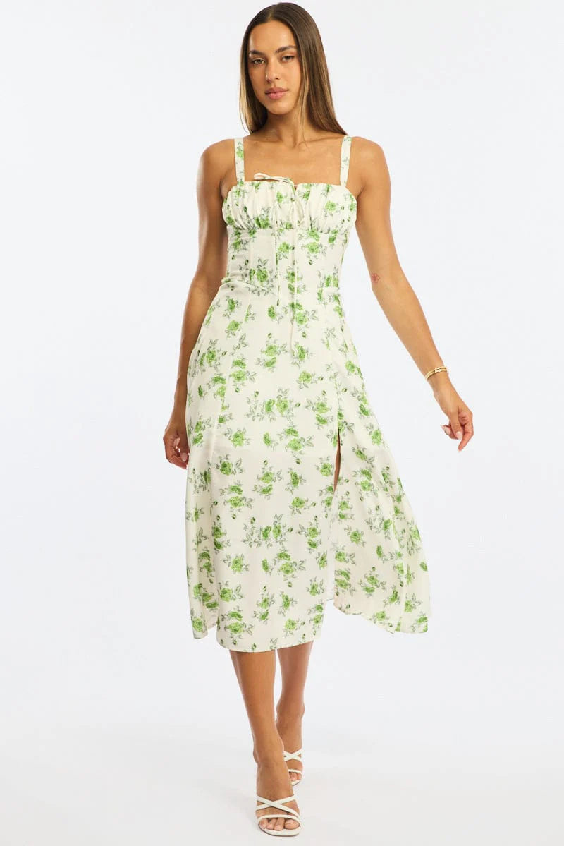 Green Floral Midi Dress Gathered Bust