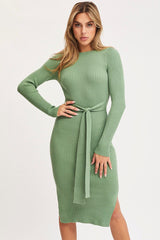 Green Tie Waist Dress Long Sleeve Midi