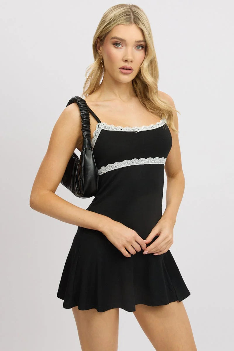 Black Mini Dress Lace Trim