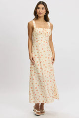 Pink Floral Midi Dress Gathered Bust