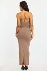 Brown Strapless Midi Bodycon Dress