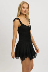 Black A-Line Dress Frilled Sleeve Mini Lace