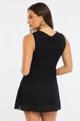 Black Mini Dress V-neck Eyelet Fabric