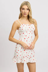 White Floral Mini Dress Frill Neck