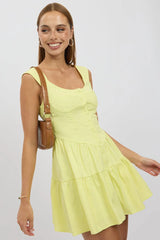 Yellow Fit And Flare Dress Mini Front Button Placket