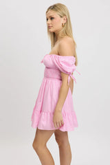 Pink Check Fit And Flare Dress Puff Sleeve Mini