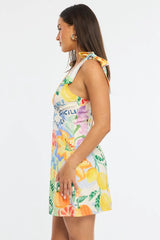 Multi Abstract A Line Mini Dress Sleeveless Linen Blend