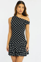 Black Polka Dot Mini Dress Off Shoulder