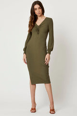 Green Ribbed Drawstring Midi Dress