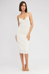 White Midi Dress Sleeveless V-Neck Bodycon Lace Stretch