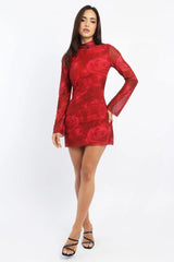 Red Floral Mini Dress High Neck Long Sleeve Mesh
