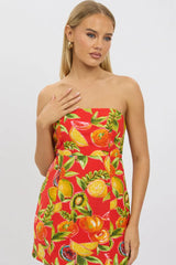 Red Abstract Strapless Mini Dress