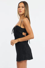 Black Mini Dress Tie Back Jacquard Fabric
