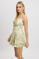 Green Abstract Fit And Flare Dress Strappy Mini
