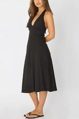 Black Midi Dress Deep V-neck