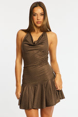Brown Polka Dot Cowl Neck Mini Dress