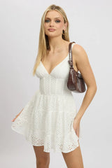 White Fit And Flare Dress Mini Eyelet Fabric
