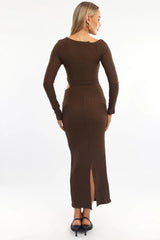 Brown Bodycon Dress Textured Midi