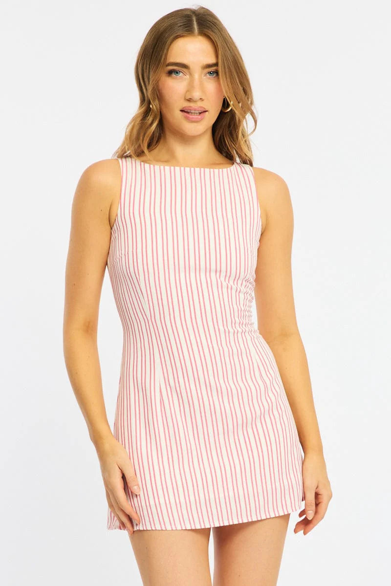 Red Stripe Mini Dress Boat Neck