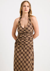 Kiera Ruched Check Halter Maxi Dress
