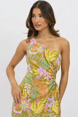 Green Abstract Mini Dress One Shoulder