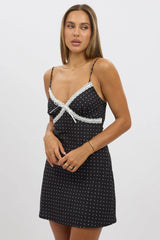 Black Polka Dot Mini Dress V-Neck Strappy