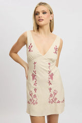 Beige Mini Dress V Neck Embroidery