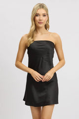 Black Strapless Dress Back Tie Satin Mini
