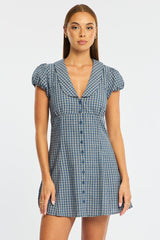 Blue Check Shirts Dress Collared Mini