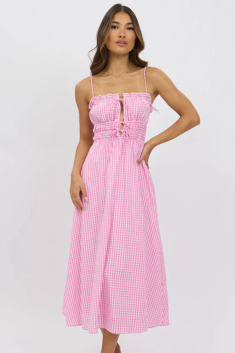 Pink Check Midi Dress Ribbon Detail Strappy