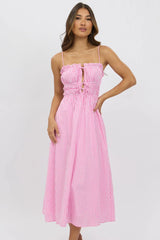 Pink Check Midi Dress Ribbon Detail Strappy