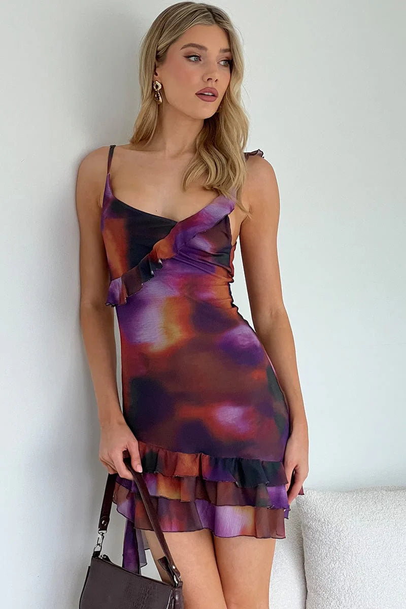 Multi Abstract Bodycon Dress Ruffle Hem Mini Mesh