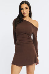 Brown Singular Off Shoulder Mini Dress