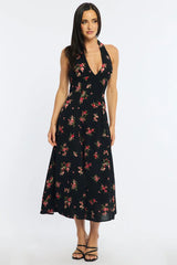 Black Floral Halter Neck Midi Dress