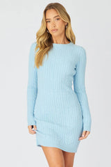 Blue Knit Dress Long Sleeve Cable Mini