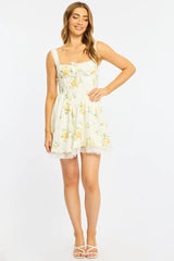 Yellow Floral Fit And Flare Dress Corset Detail Mini