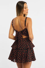 Black Ditsy Fit And Flare Dress Square Neck Mini