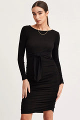 Black Bodycon Dress Long Sleeve Midi Ruched