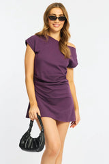 Purple Asymmetrical Neckline Mini Dress
