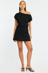 Black Asymmetrical Neckline Mini Dress