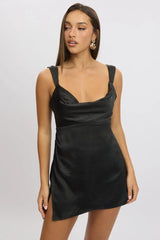 Black Mini Dress Cowl Neck Satin