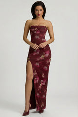 Bandeau Cowl-Neck Maxi Dress in Maroon Floral Print