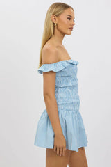 Blue Check Shirred Mini Dress